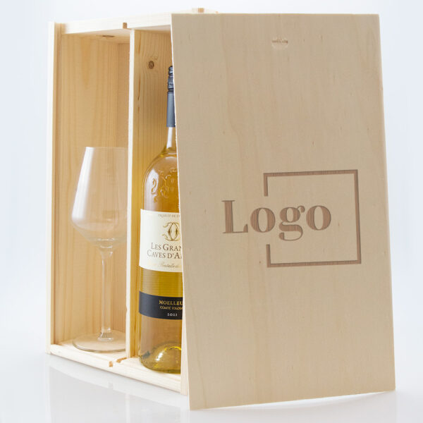 Wijnpakket met gegraveerd wijnglasvoor 1 wijnfles en 1 wijnglas met schuifdeksel, perfect voor gepersonaliseerde geschenken met eigen ontwerp of logo.